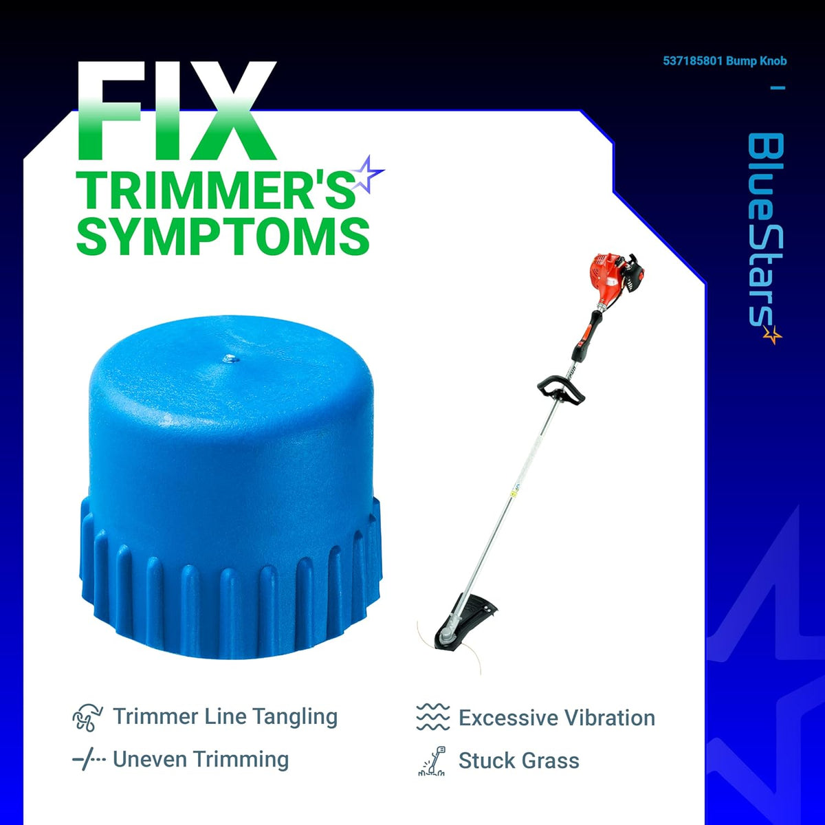 Blue T35 bump knob replacement part 537185801 for Husqvarna T35 trimmer heads shown with a string trimmer.