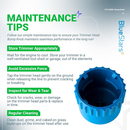 Maintenance tips infographic for T35 bump knob replacement 537185801 for Husqvarna trimmer heads.