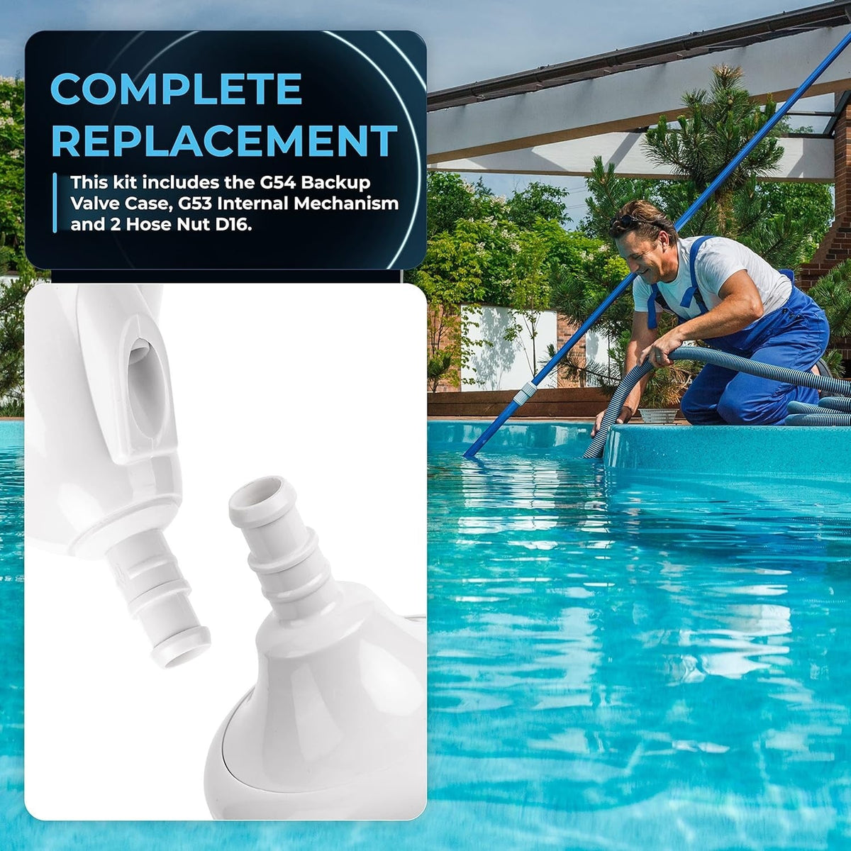 G62 backup valve kit for Zodiac Polaris pool cleaners showing the white valve housing and hose connection components.