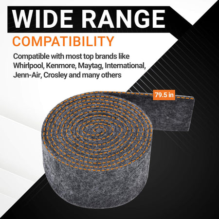 79.5-inch dryer drum felt seal roll for Whirlpool and Kenmore dryers with compatibility information.