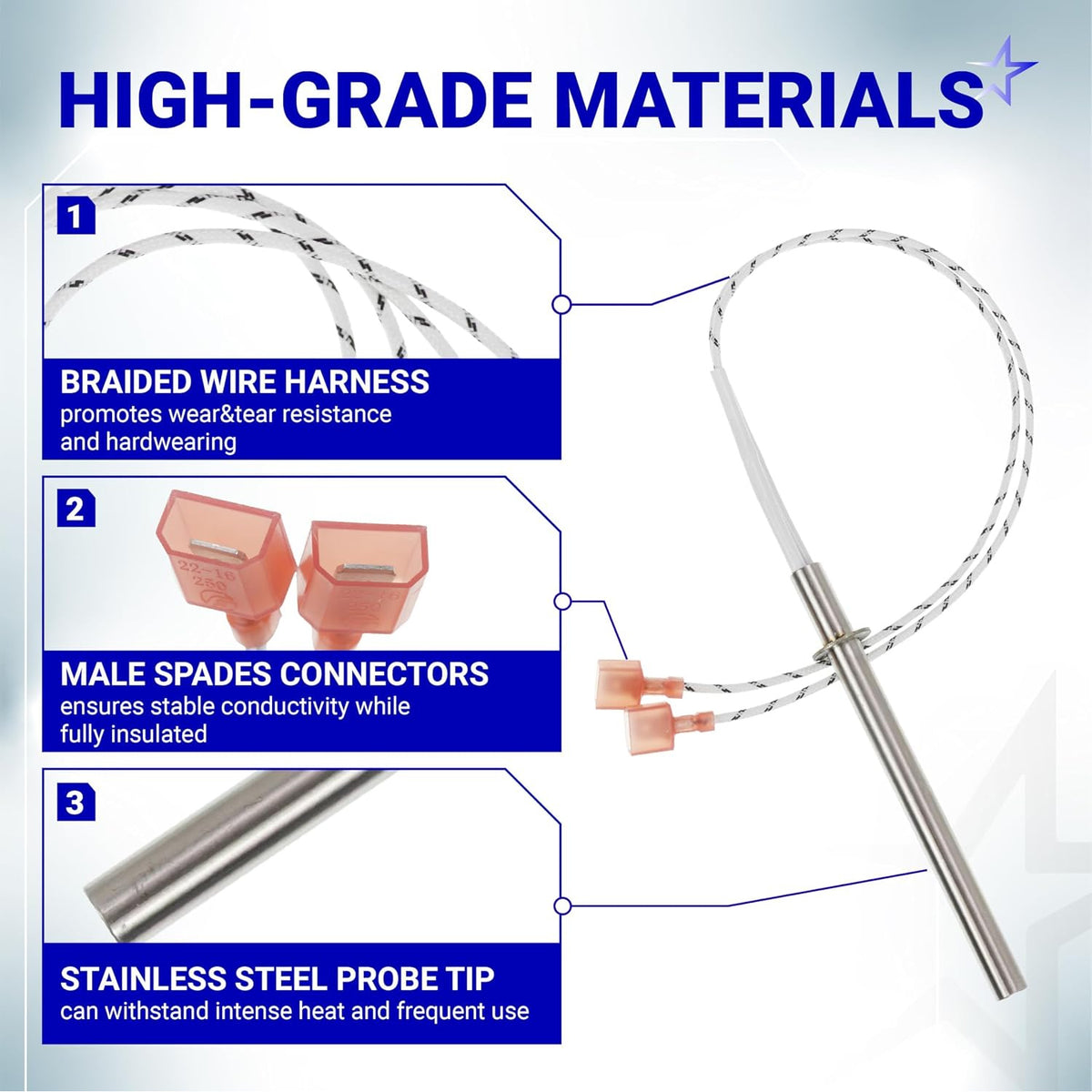 SRV7000-660 Igniter feature graphic showing braided wire harness, male spade connectors, and stainless steel probe tip