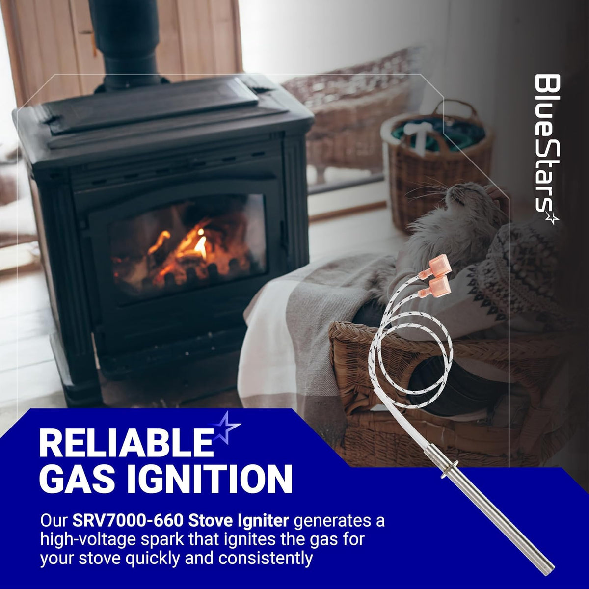 SRV7000-660 Igniter marketing graphic showing the igniter over a pellet stove with reliable gas ignition text