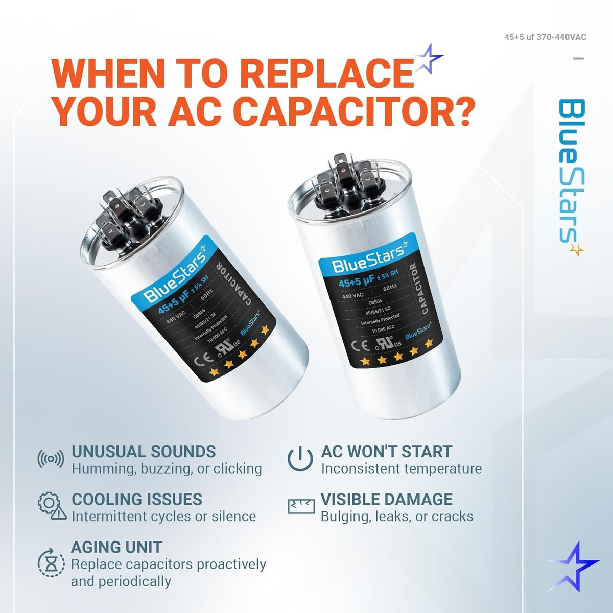 Infographic showing two 45+5 uF dual run capacitors with signs indicating when to replace your AC capacitor.