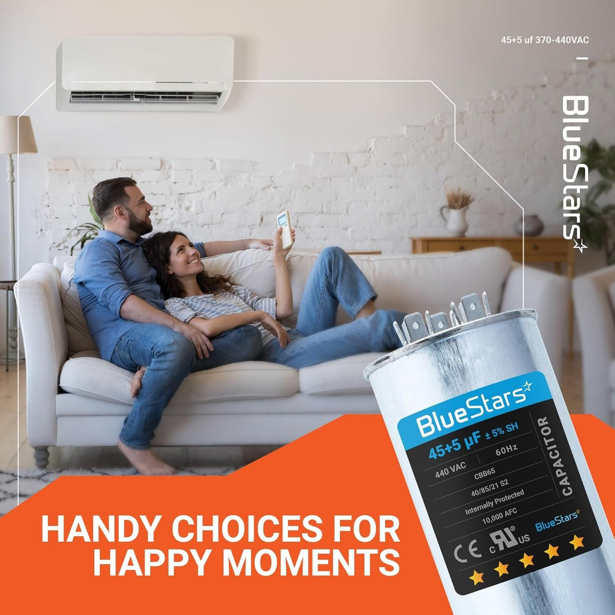 BlueStars 45+5 uF dual circular run capacitor for AC motor and fan, shown in a lifestyle marketing graphic.