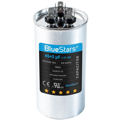 BlueStars 45+5 uF 370/440 VAC dual circular run capacitor for AC motor and fan applications.