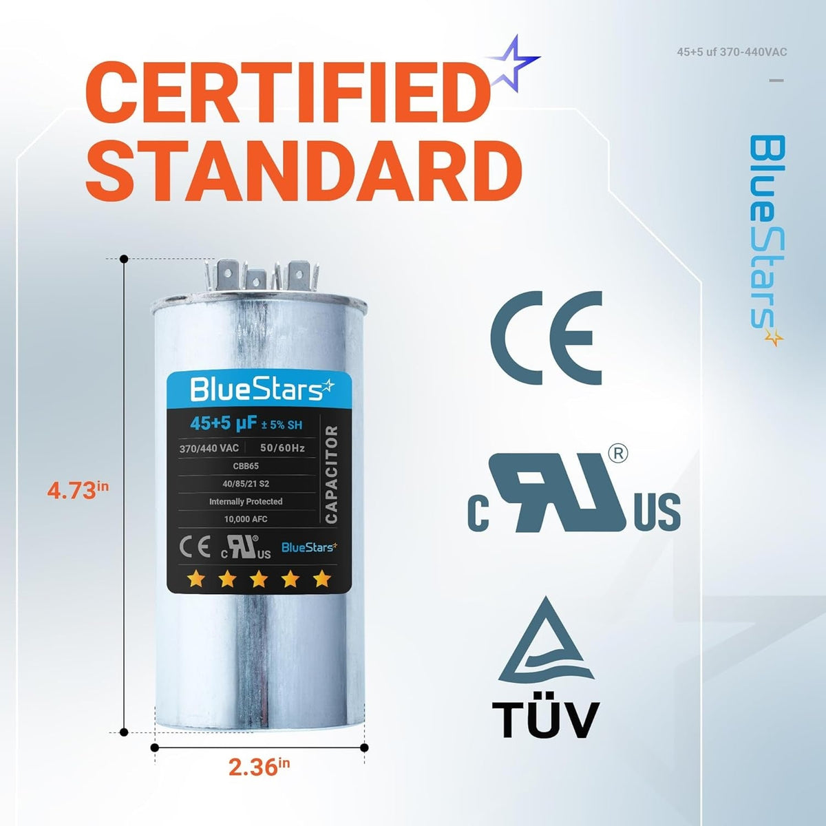 BlueStars 45+5 uF 370/440 VAC dual circular run capacitor with dimensions and certification icons.