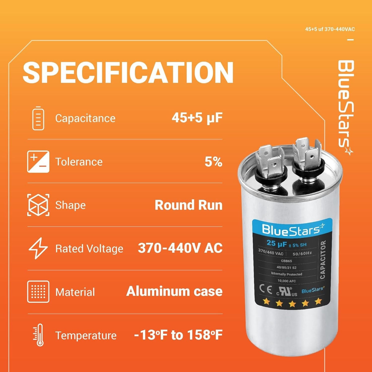 Specification chart for 45+5 uF 370/440 VAC dual circular run capacitor with technical details.
