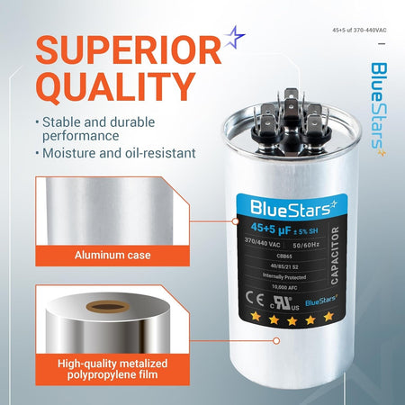BlueStars 45+5 uF 370/440 VAC dual circular run capacitor with aluminum case and metalized polypropylene film details.