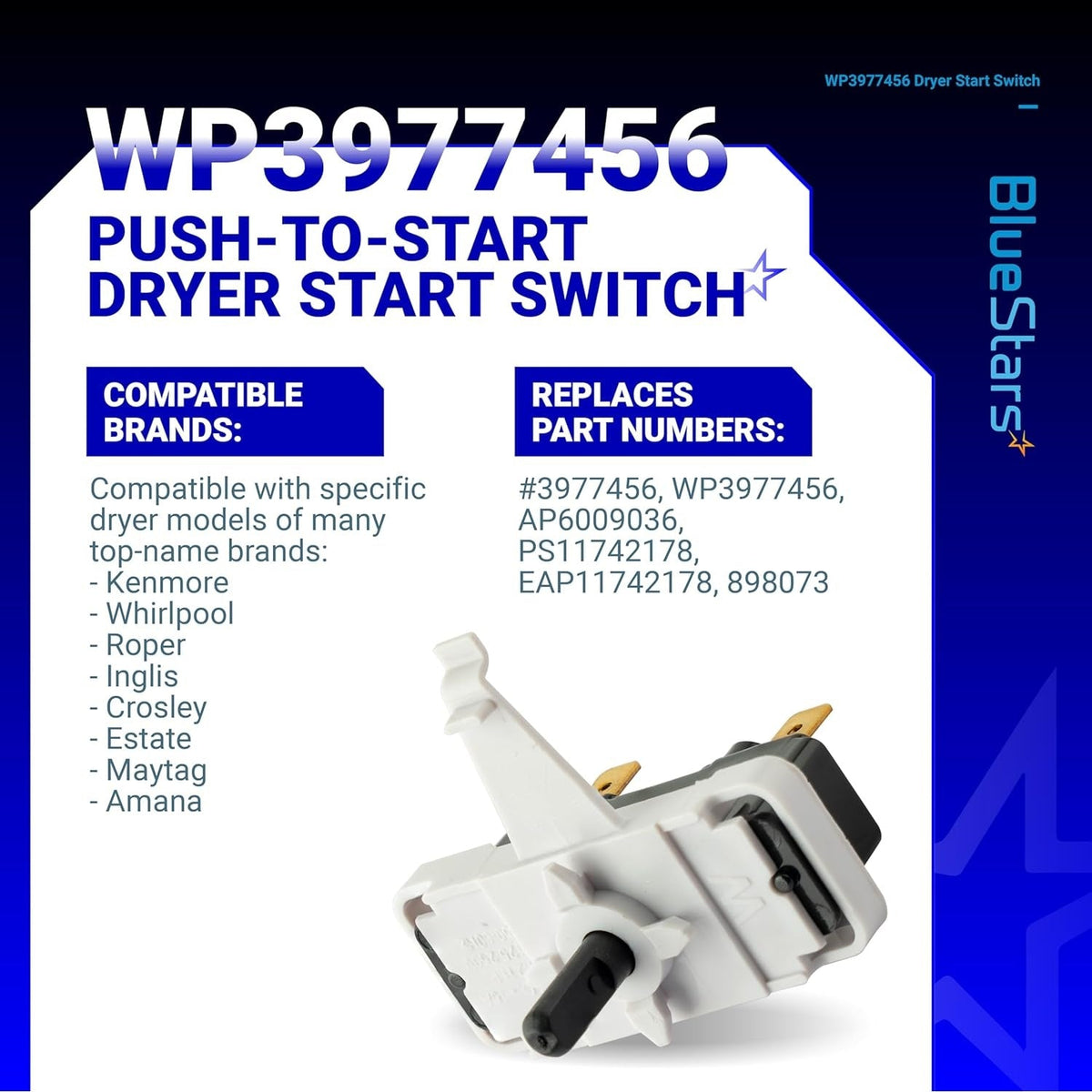 WP3977456 dryer start switch replacement part shown on an informational product display card.