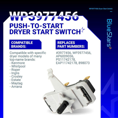 WP3977456 dryer start switch replacement part shown on an informational product display card.