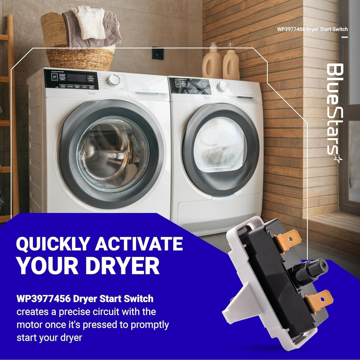 WP3977456 dryer start switch replacement part shown with laundry room background and product information graphic.