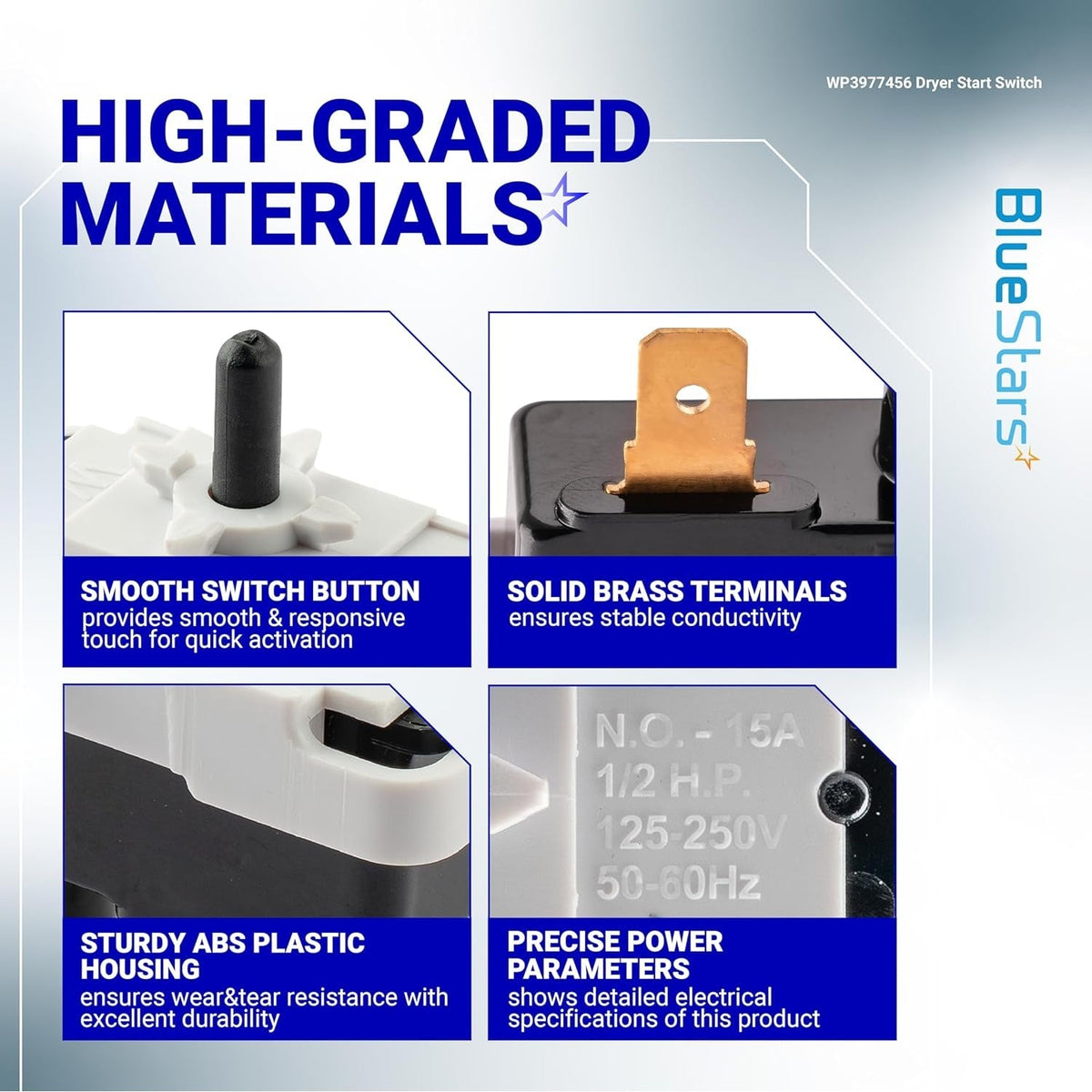 Infographic showing high-quality materials of WP3977456 dryer start switch, including button, terminals, and housing.