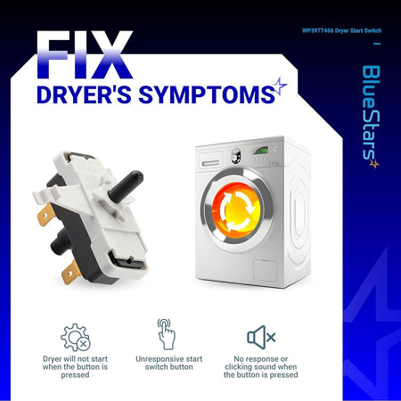 WP3977456 dryer start switch replacement part shown with dryer symptom troubleshooting icons.