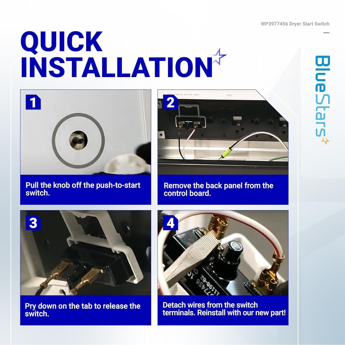 Four-step installation guide for WP3977456 dryer start switch showing knob removal and wiring steps.