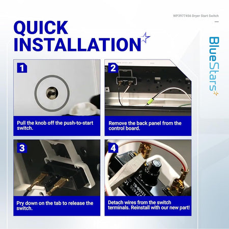 Four-step installation guide for WP3977456 dryer start switch showing knob removal and wiring steps.