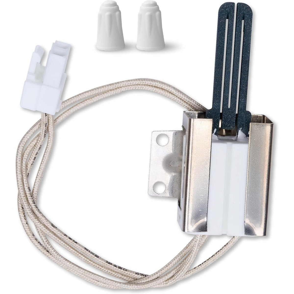 Range oven igniter with wire harness, connector, and two wire nuts for Kenmore and Frigidaire appliances.