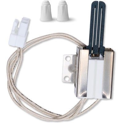 Range oven igniter with wire harness, connector, and two wire nuts for Kenmore and Frigidaire appliances.
