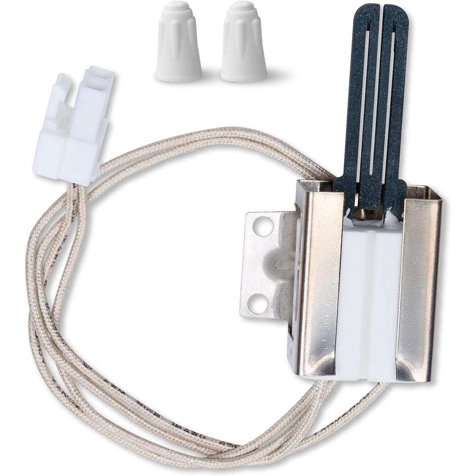 Range oven igniter with wire harness, connector, and two wire nuts for Kenmore and Frigidaire appliances.