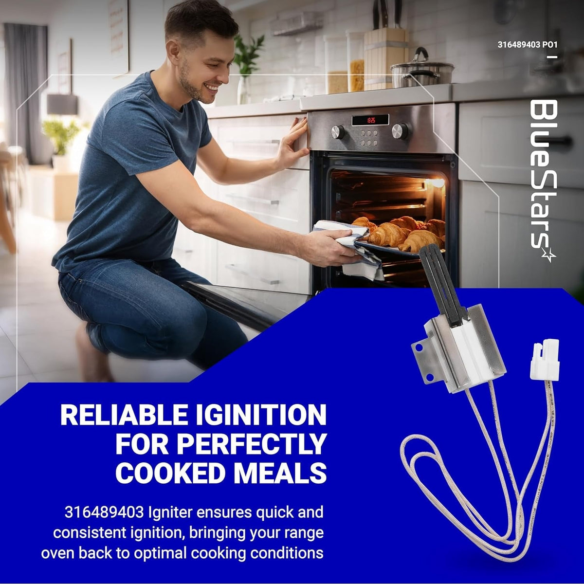 316489403 range oven igniter replacement part shown with lifestyle graphic for Kenmore and Frigidaire ovens.