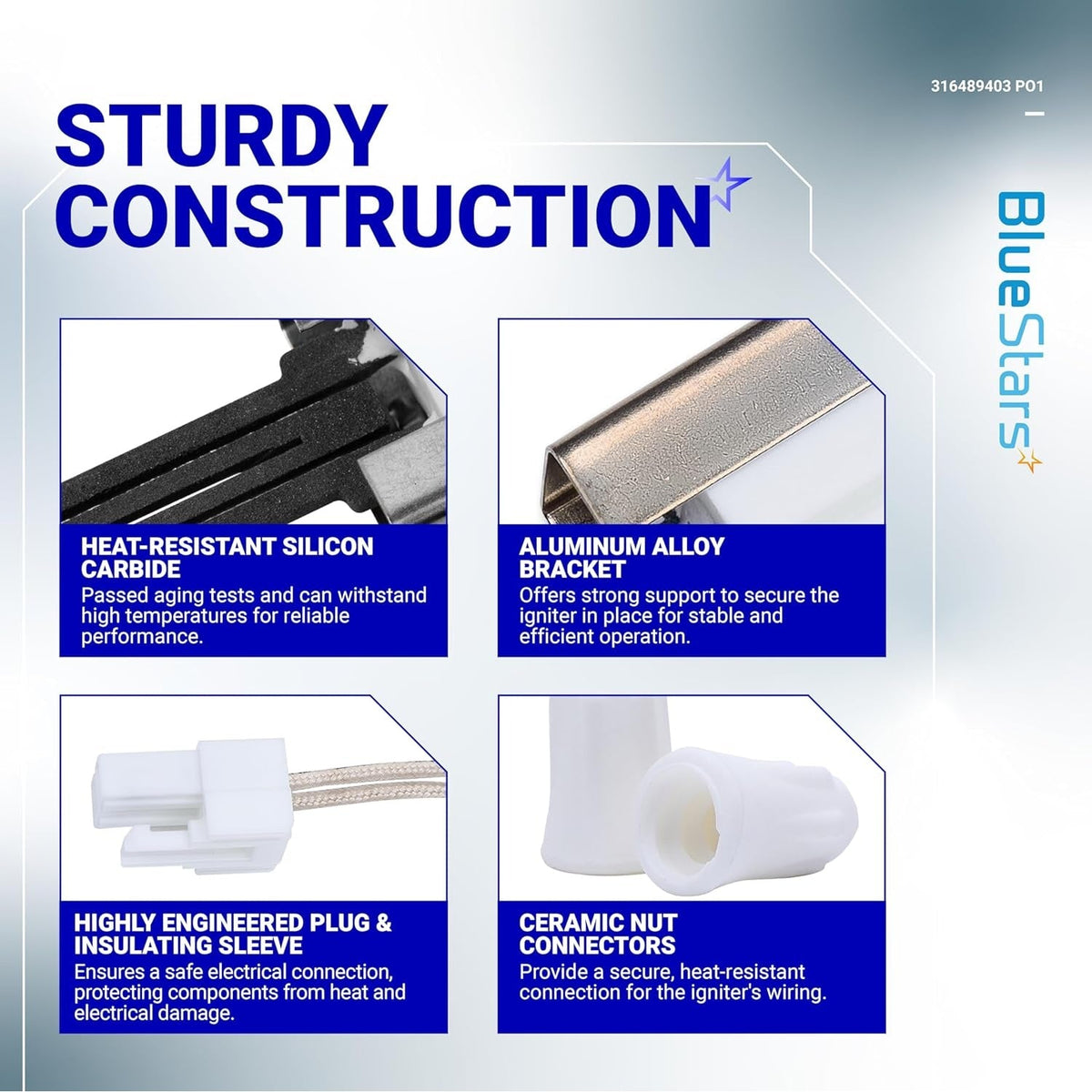 Infographic showing construction details of 316489403 oven igniter including silicon carbide, bracket, plug, and connectors.