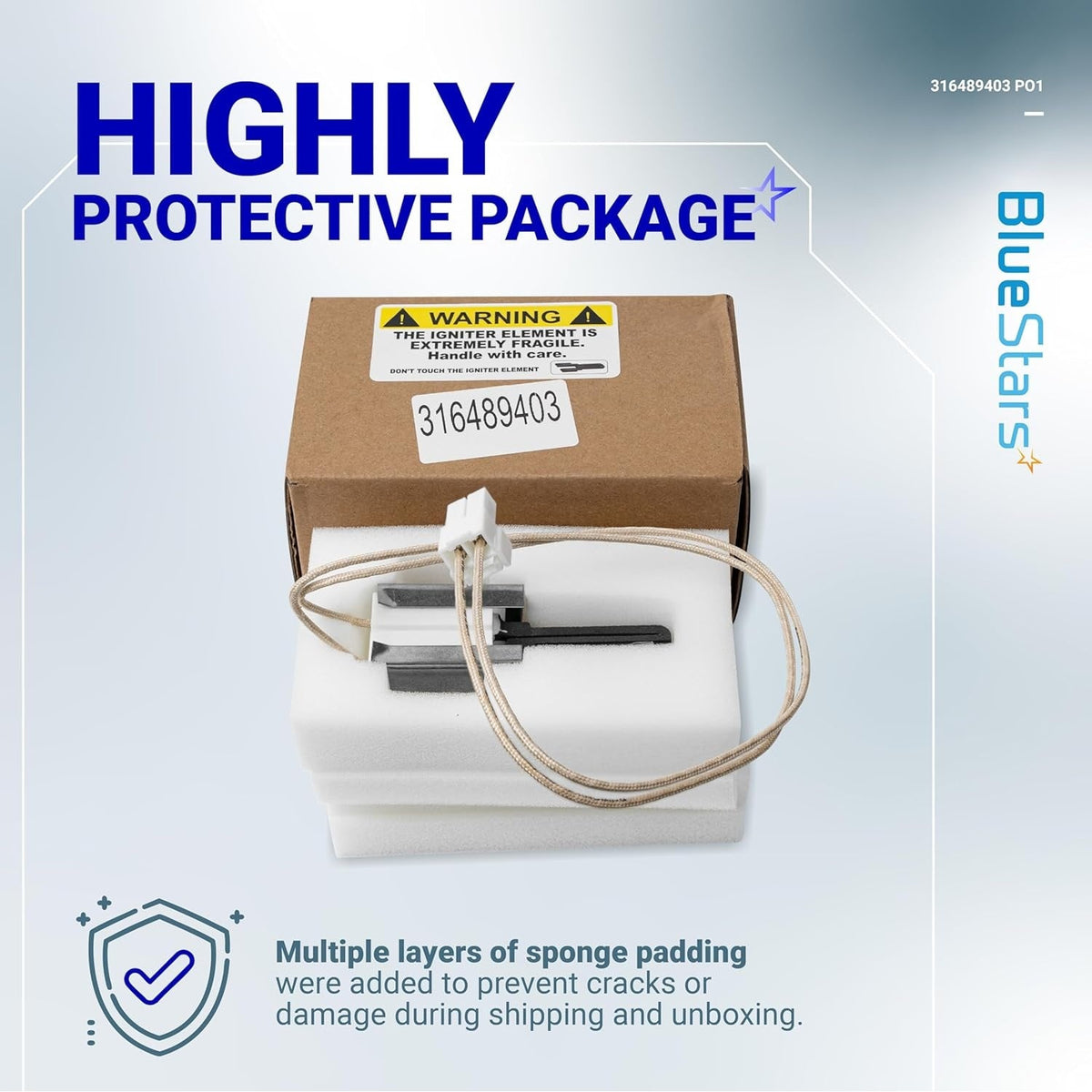 316489403 range oven igniter in protective foam packaging with warning label for safe shipping.