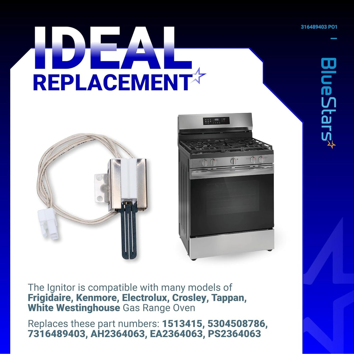 Replacement oven igniter for Frigidaire, Kenmore, and Electrolux gas ranges with compatible oven model shown.