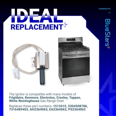 Replacement oven igniter for Frigidaire, Kenmore, and Electrolux gas ranges with compatible oven model shown.