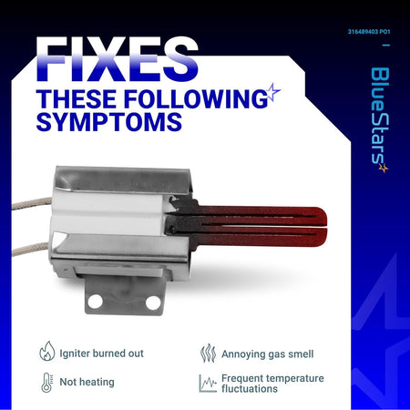 Range oven igniter 316489403 shown with an infographic listing common oven repair symptoms.