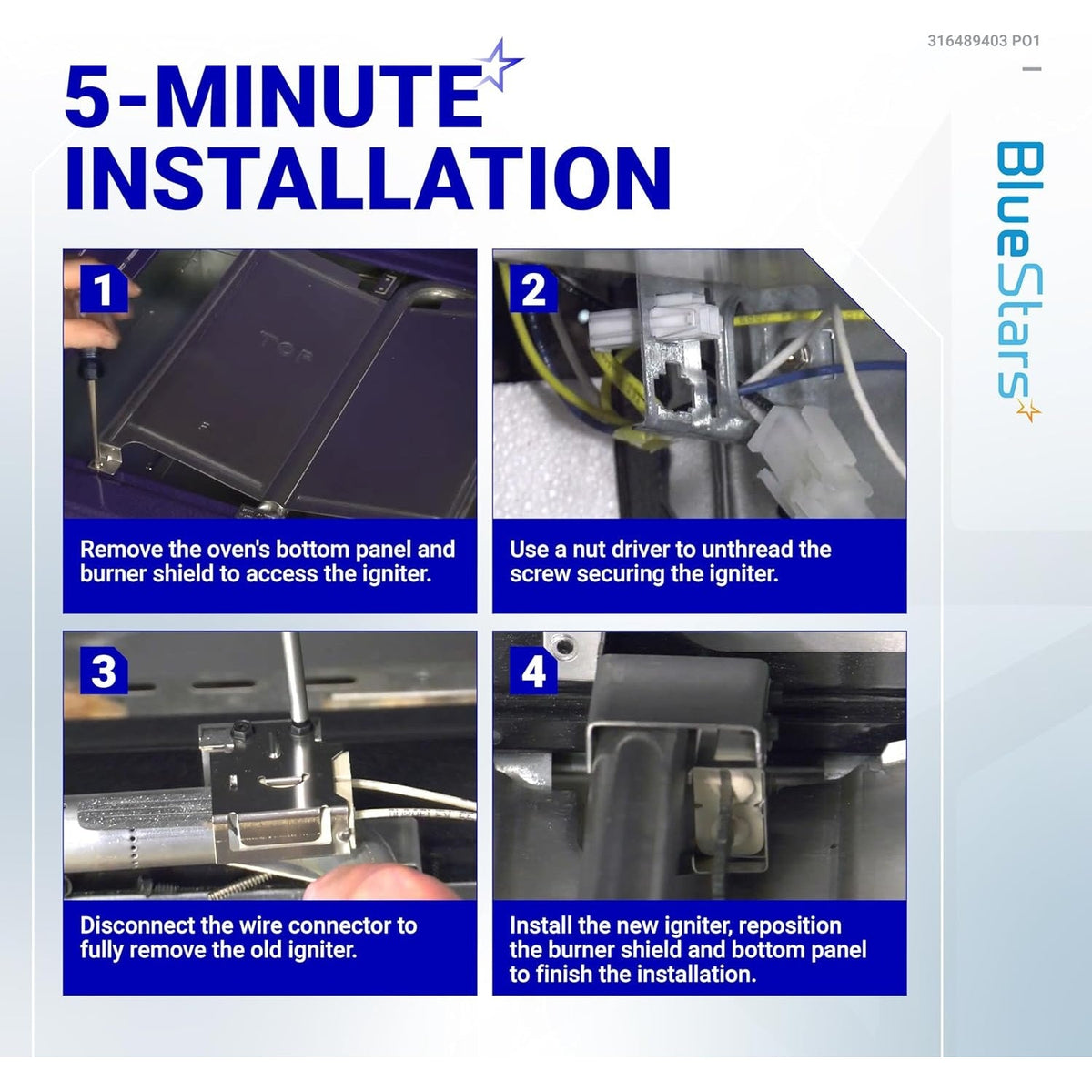 Four-step installation guide for replacing a range oven igniter in Kenmore, Frigidaire, and Electrolux ovens.