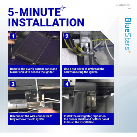 Four-step installation guide for replacing a range oven igniter in Kenmore, Frigidaire, and Electrolux ovens.