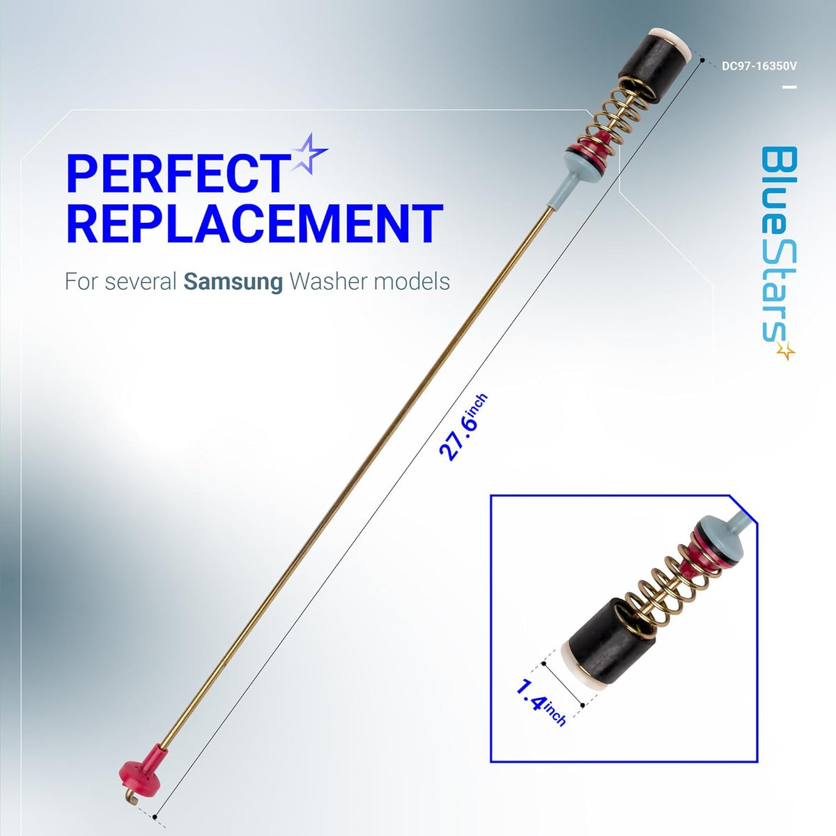 Single 27.6-inch DC97-16350V suspension rod for Samsung washers with close-up of spring assembly.