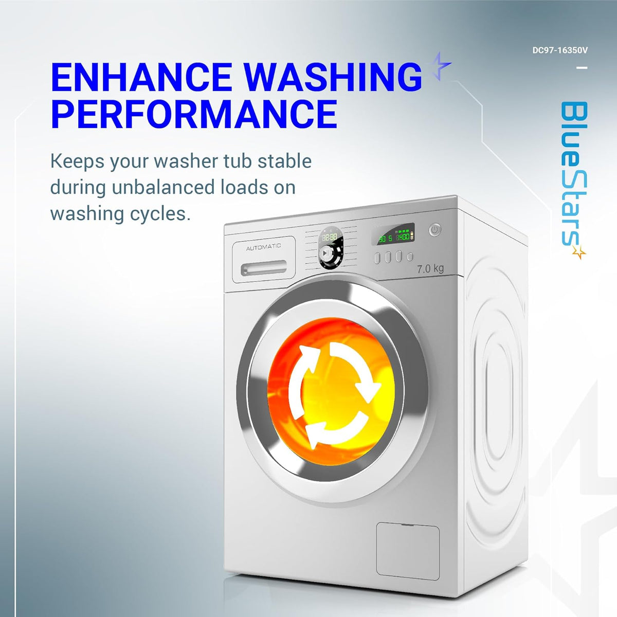 Infographic showing a washing machine to illustrate how DC97-16350V suspension rods stabilize washer tubs.