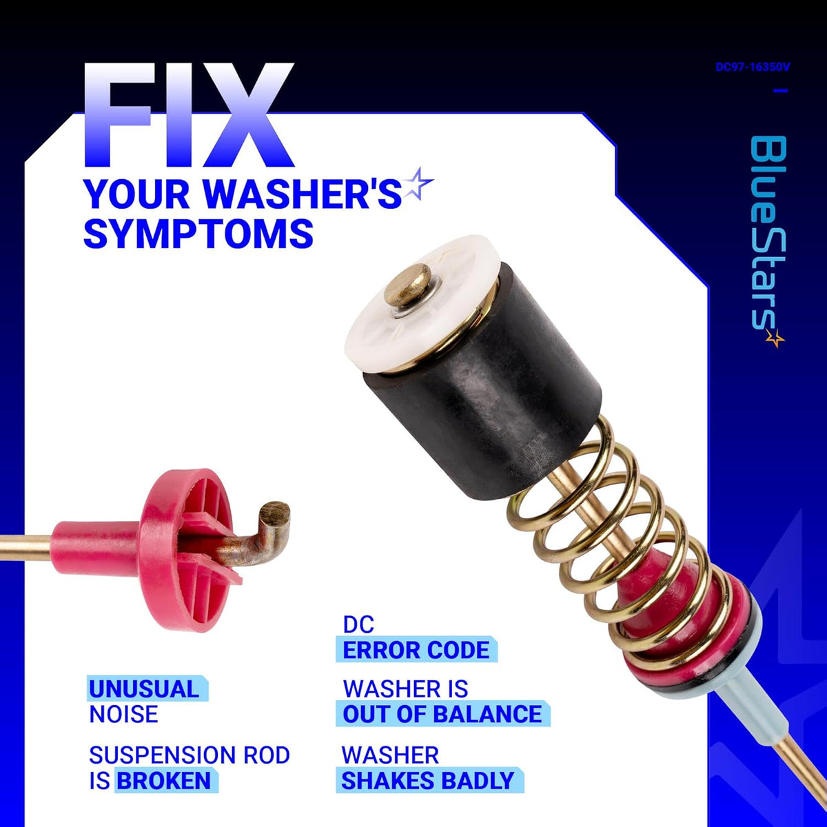 Close-up of DC97-16350V washer suspension rod assembly showing spring and mounting components for Samsung washing machines.