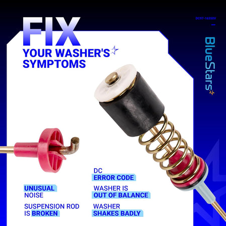 Close-up of DC97-16350V washer suspension rod assembly showing spring and mounting components for Samsung washing machines.