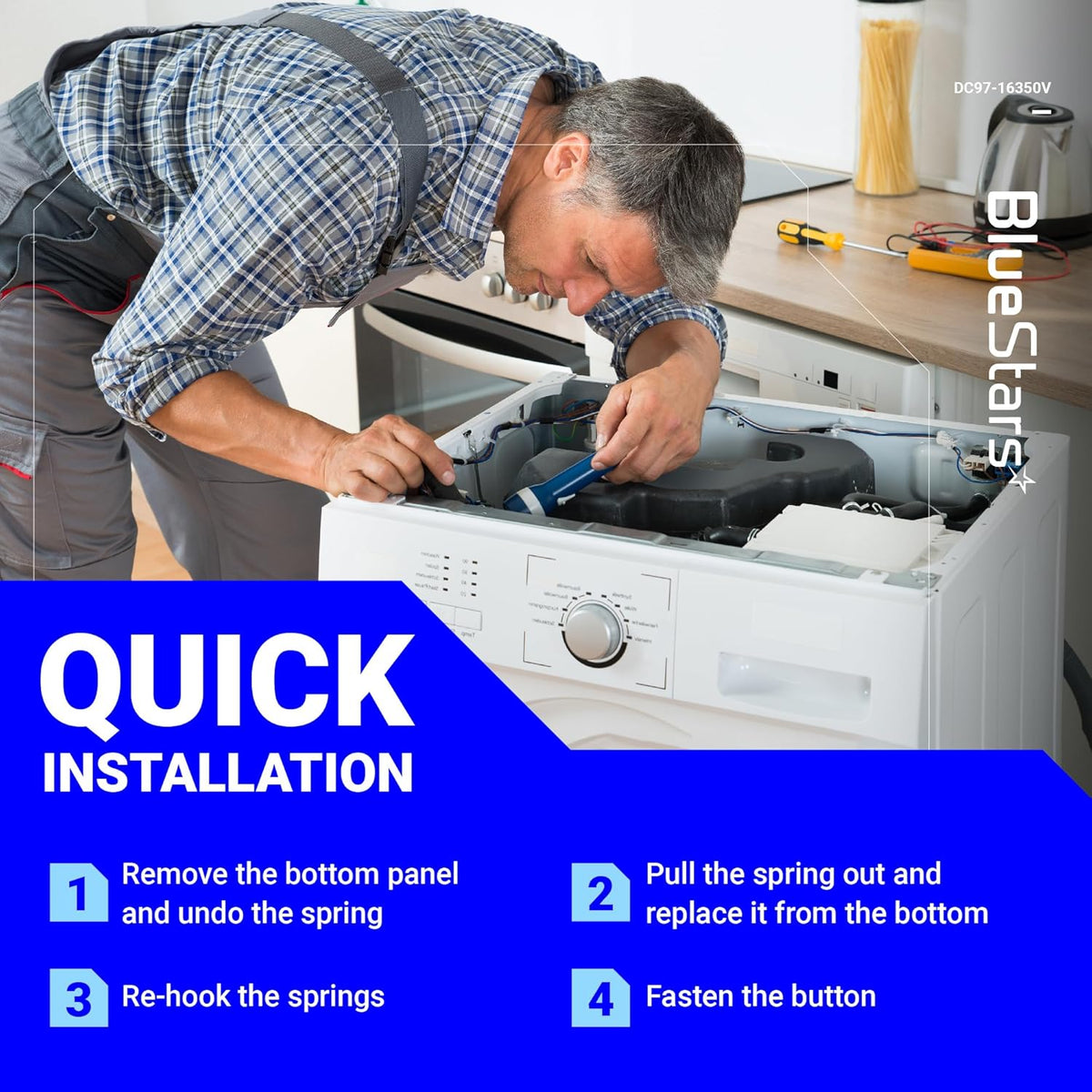 Technician performing a quick installation of Samsung washer suspension rods using a step-by-step guide.
