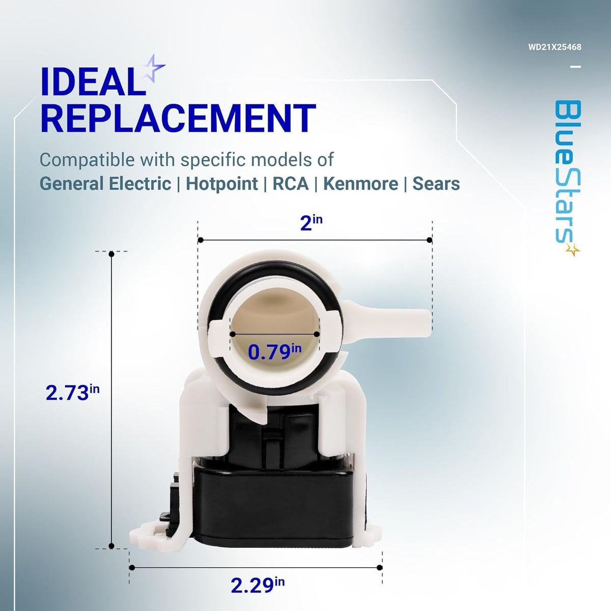 WD21X25468 dishwasher pressure sensor showing dimensions for GE, Hotpoint, RCA, and Kenmore dishwasher compatibility.