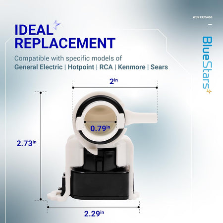 WD21X25468 dishwasher pressure sensor showing dimensions for GE, Hotpoint, RCA, and Kenmore dishwasher compatibility.