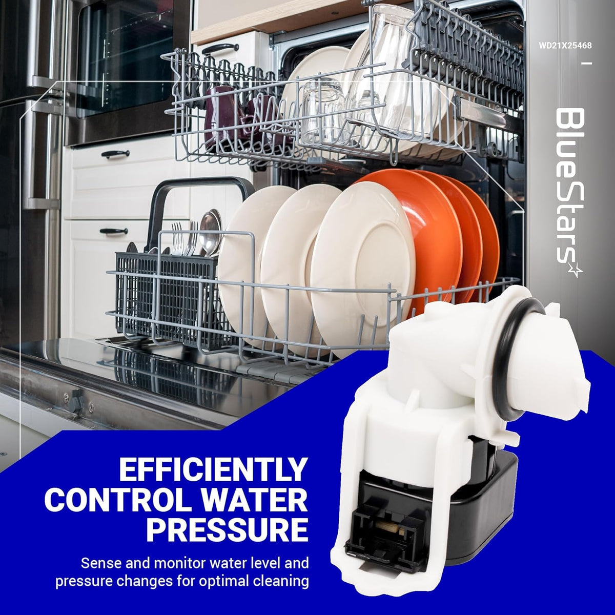 WD21X25468 dishwasher pressure sensor for GE dishwashers shown against a background of a loaded dishwasher.