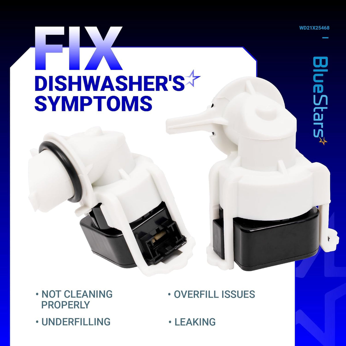 Two WD21X25468 dishwasher pressure sensors for GE appliances shown from different angles.