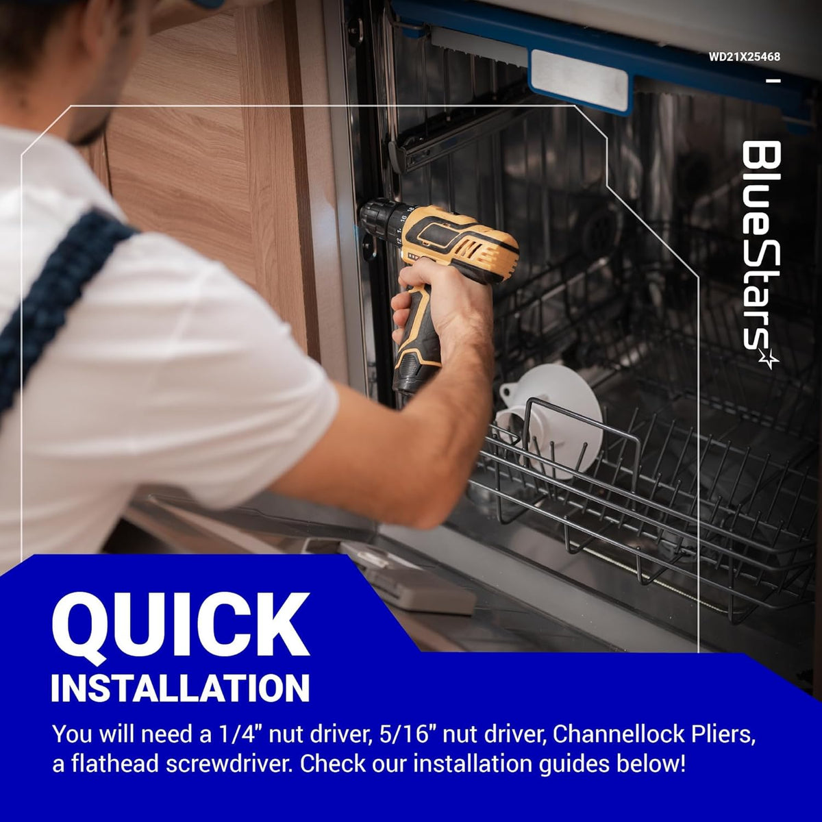 Technician using a power drill for the installation of a WD21X25468 dishwasher pressure sensor.