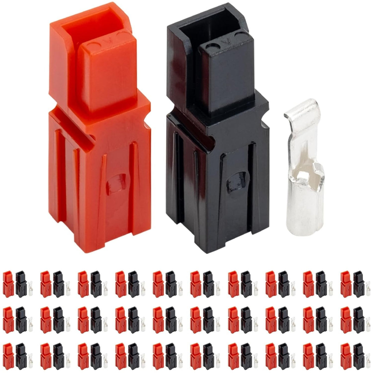 Red and black Powerpole quick disconnect connector housings with metal contact terminals.