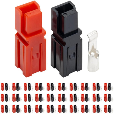 Red and black Powerpole quick disconnect connector housings with metal contact terminals.
