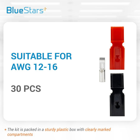 Red and black Powerpole quick disconnect connectors with metal contact pins for 12-16 AWG wire.