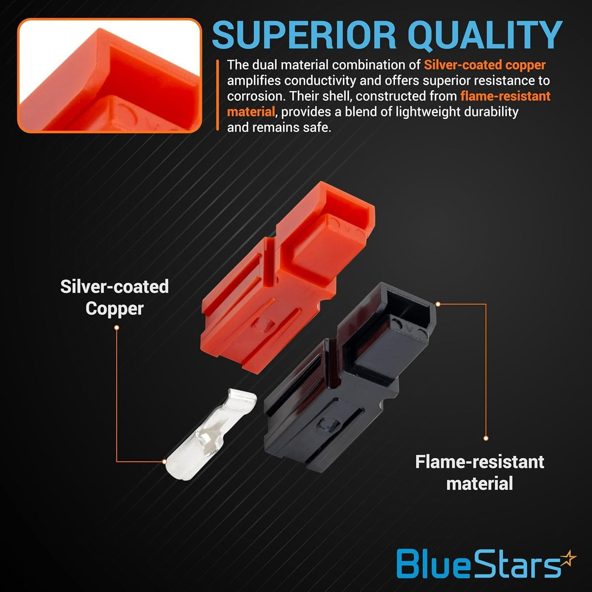 Powerpole connector components showing silver-coated copper terminals and flame-resistant orange and black housings.