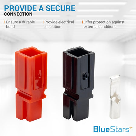 Red and black Powerpole quick disconnect connector housings with a metal contact terminal.