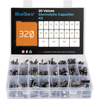 Open storage box containing 320 pieces of assorted aluminum electrolytic capacitors with a 20-value reference chart.