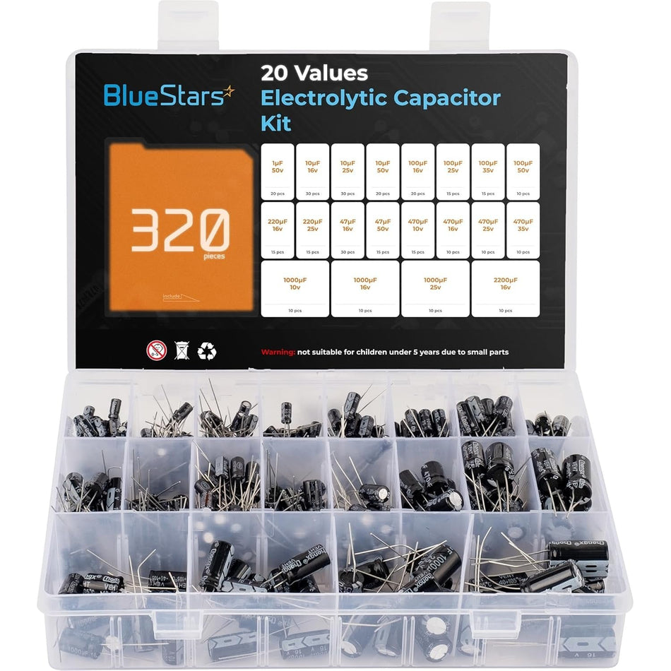 Open storage box containing 320 pieces of assorted aluminum electrolytic capacitors with a 20-value reference chart.