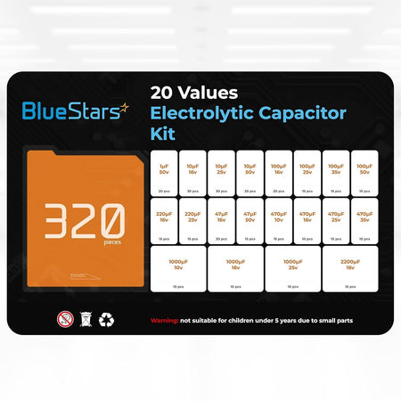 BlueStars 320-piece electrolytic capacitor kit value chart showing 20 different voltage and capacitance specifications.