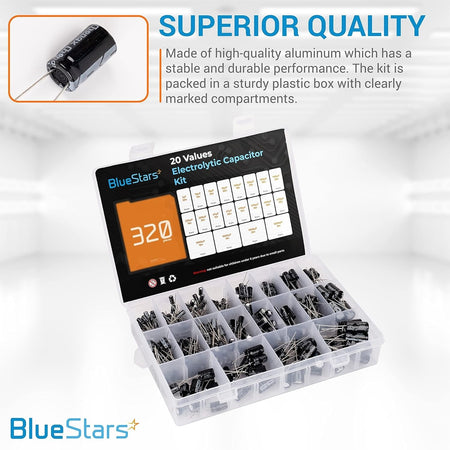 320-piece aluminum electrolytic capacitor kit in a labeled plastic storage organizer box.