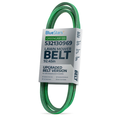 Green 532130969 lawn mower drive belt in branded packaging for Husqvarna and Craftsman mowers.